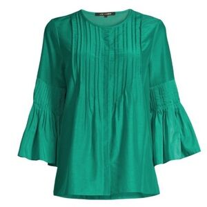 Kobi Halperin Alea Pintucked Green Pleated Blouse Bell Sleeves Mandarin Collar